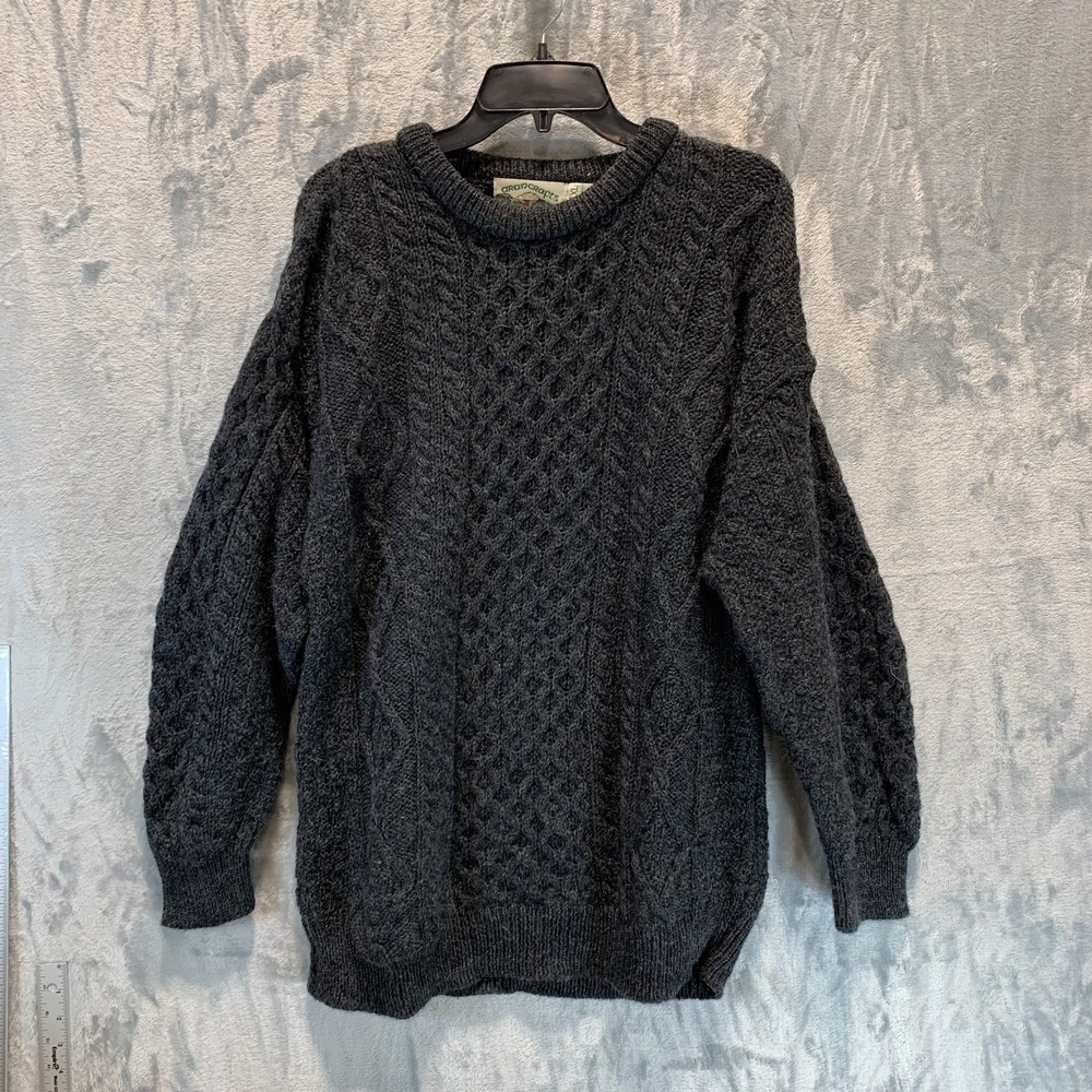 Aran Crafts Men's Sweater Fisherman Cable Knit Gray XL 100% Wool Ireland Crew
